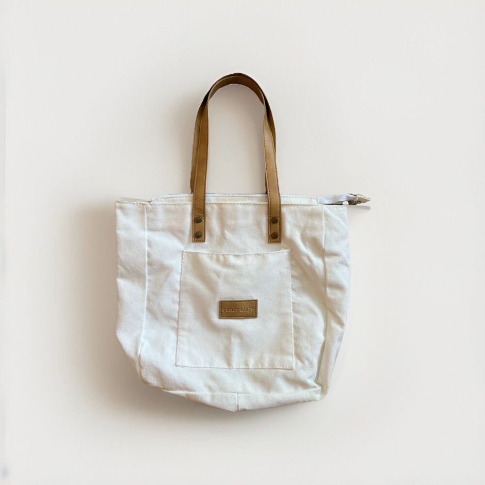 Cozy Earth White Canvas Zippered Shoulder Tote Bag Brown Double Handles